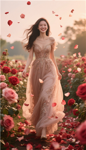 玫瑰花田迎面走来的长发美女图片